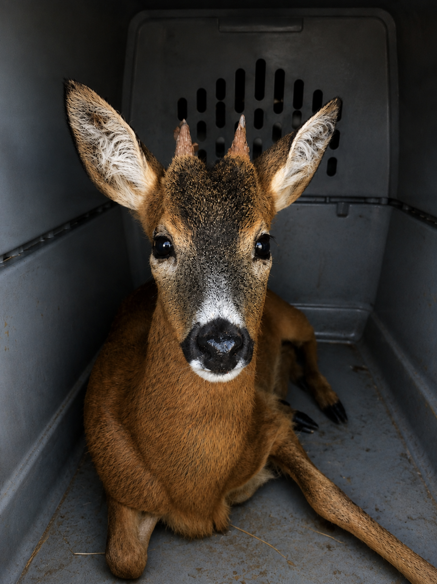 A young deer being cared for in a transport crate